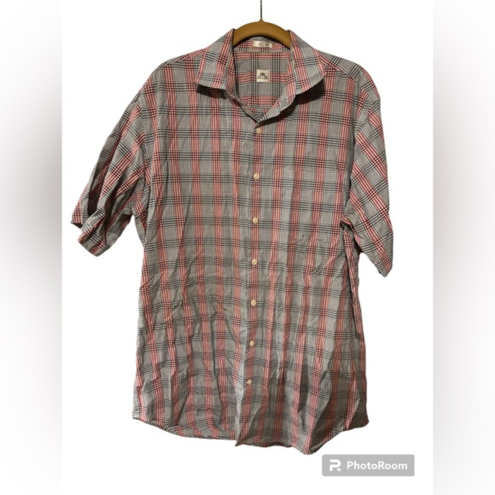 Peter Millar Shirt Men‎ Large Button Up Short Sleeve Blue Red Plaid Small Spot
